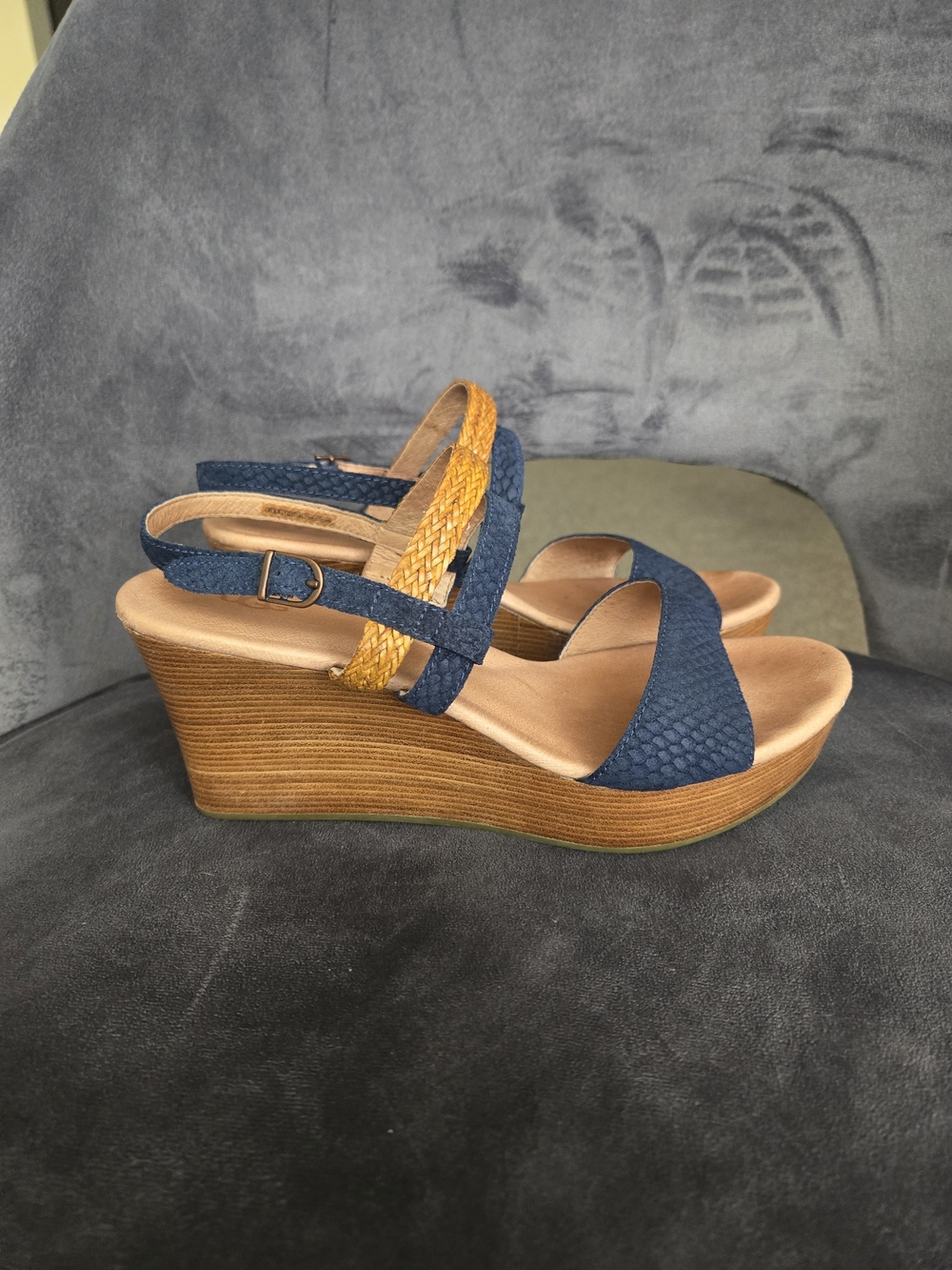 UGG Navy and Tan Braided Wedge Sandals